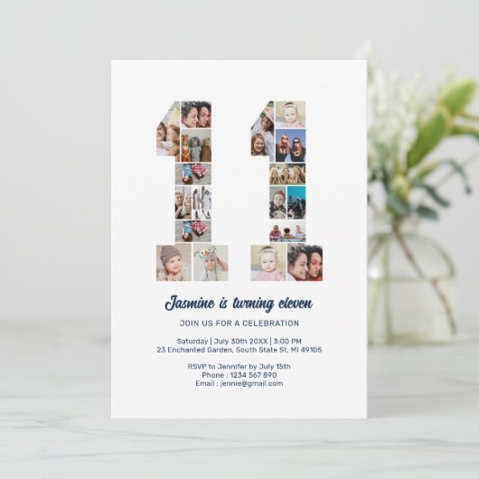 11e verjaardag nummer 11 aangepaste foto collage kaart (Staand voorkant)