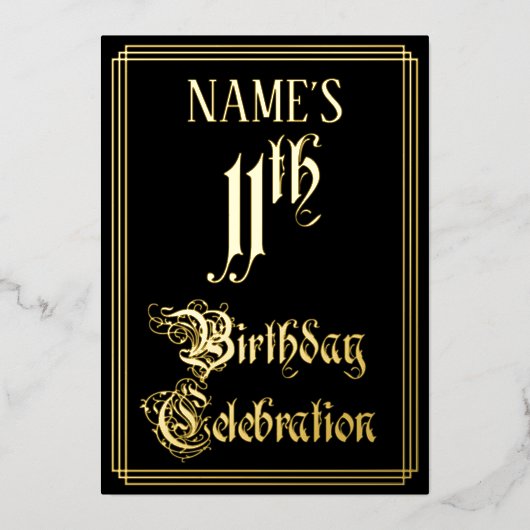 11e verjaardag Partij — Fancy Manuscript & Naam va Folie Uitnodiging (Voorkant)