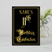 11e verjaardag Partij — Fancy Manuscript & Naam va Folie Uitnodiging (Staand Voorkant)