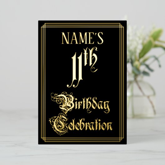 11e verjaardag Partij — Fancy Manuscript & Naam va Folie Uitnodiging (Staand Voorkant)