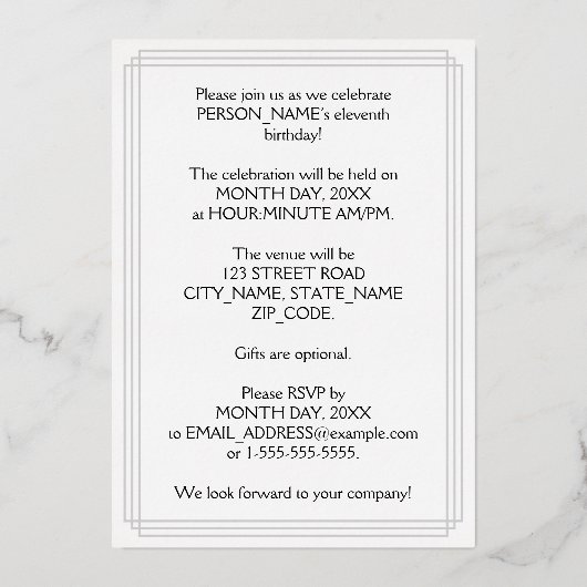 11e verjaardag Partij — Legant Manuscript + de Naa Folie Uitnodiging (Achterkant)