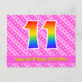 11e verjaardag: Pink Stripes & Hearts, Rainbow 11 Briefkaart (Voorkant)