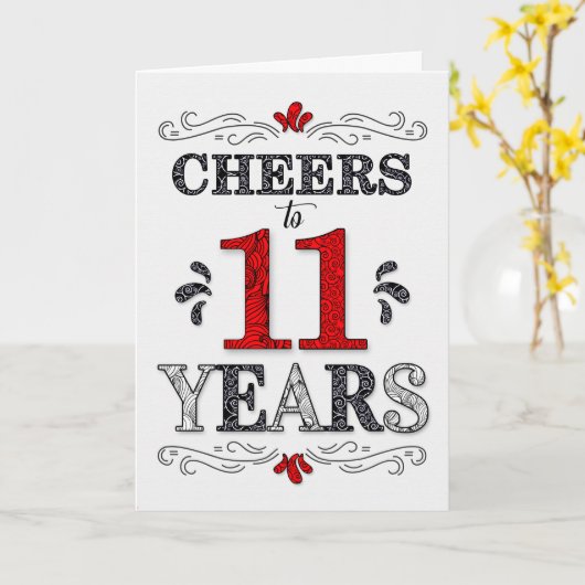 11e verjaardag Proost in rood wit zwart patroon Kaart (Gele Bloem)