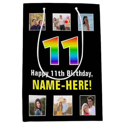 11e verjaardag: Regenboog "11", aangepaste foto's Medium Cadeauzakje (Voorkant)