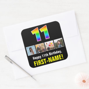 11e verjaardag: Regenboog "11"; Aangepaste foto's Vierkante Sticker