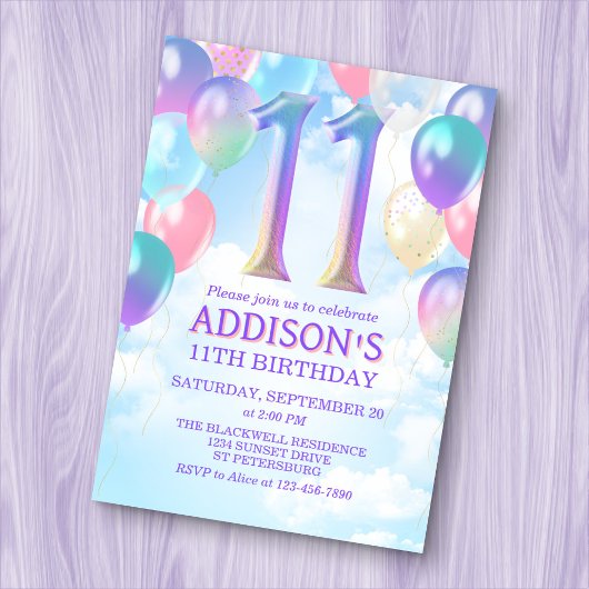 11e verjaardag regenboog ballonnen uitnodiging
