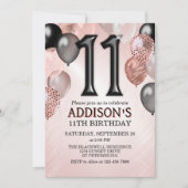 11e verjaardag Roos gouden ballonnen uitnodiging (Voorkant)