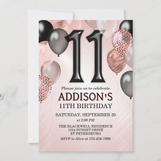 11e verjaardag Roos gouden ballonnen uitnodiging (Voorkant)