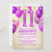 11e verjaardag roze ballonnen uitnodiging (Voorkant)
