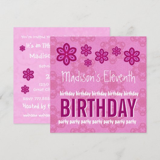 11e verjaardag roze bloemen meisje aangepaste naam kaart (Voorkant / Achterkant)