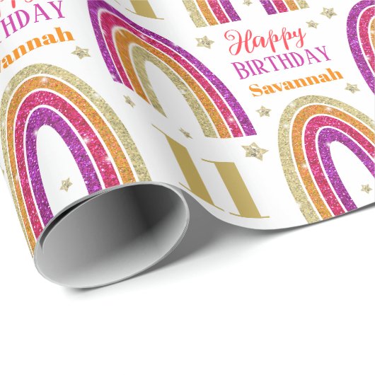 11e Verjaardag Roze Glitter Custom Name Cadeaupapier (Rol Hoek)