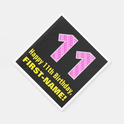 11e verjaardag: roze strepen en harten "11" + naam servet (Hoek)