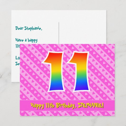 11e verjaardag: Roze strepen & harten, Regenboog 1 Briefkaart (Voorkant / Achterkant)