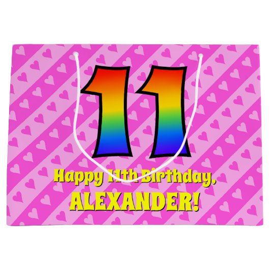 11e verjaardag: roze strips & harten, regenboognr. groot cadeauzakje (Voorkant)