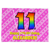 11e verjaardag: roze strips & harten, regenboognr. groot cadeauzakje (Achterkant)