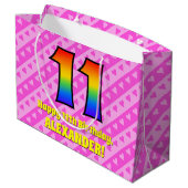 11e verjaardag: roze strips & harten, regenboognr. groot cadeauzakje (Achterkant Gekanteld)