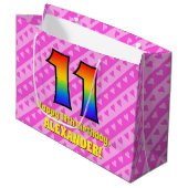 11e verjaardag: roze strips & harten, regenboognr. groot cadeauzakje (Voorkant Gekanteld)