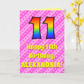 11e verjaardag: roze strips & harten, regenboognr. kaart (Gele Bloem)