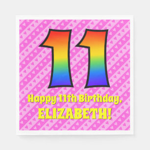 11e verjaardag: roze strips & harten, regenboognr. servet