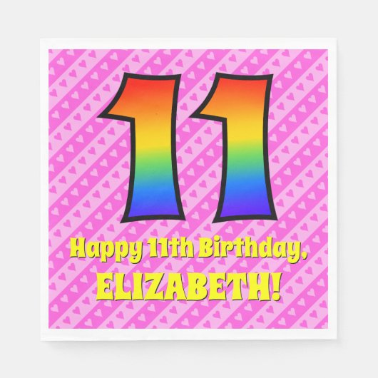 11e verjaardag: roze strips & harten, regenboognr. servet (Voorkant)