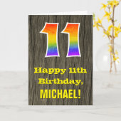 11e verjaardag: rustieke faux hout look, regenboog kaart (Gele Bloem)