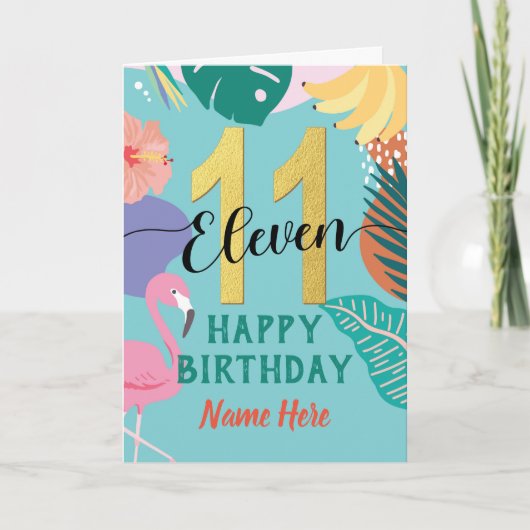 11e Verjaardag Tropische Pastel Bloemen Flamingo N Kaart (Voorkant)