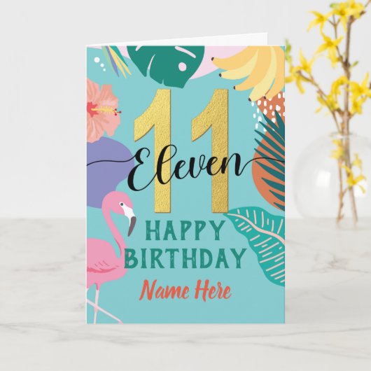 11e Verjaardag Tropische Pastel Bloemen Flamingo N Kaart (Gele Bloem)