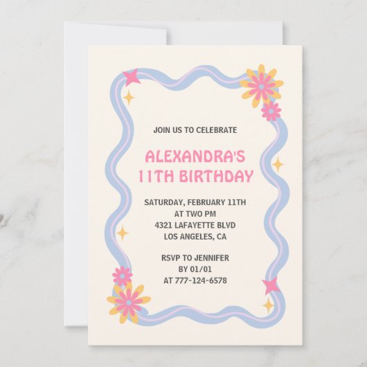 11e verjaardag uitnodiging Retro Groovy Pink Flowe (Voorkant)