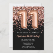 11e verjaardag Uitnodiging zwart Roos Gold Glitter (Voorkant)