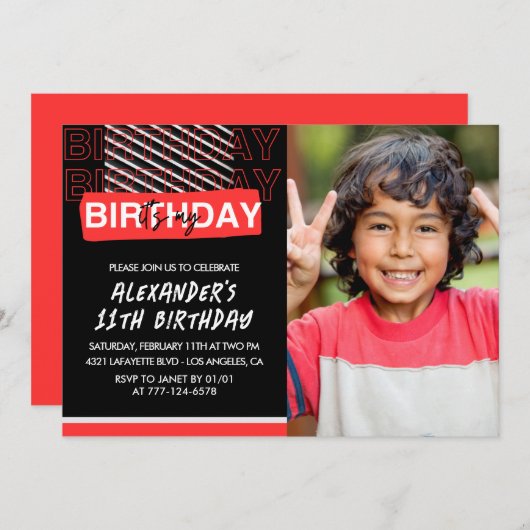 11e verjaardag uitnodigingen jongen Party Foto Roo (Voorkant / Achterkant)