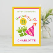 11e verjaardag van het roze meisje kaart (Staand voorkant)