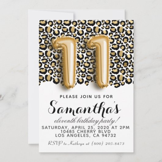 11e verjaardag van Leopard Animal Print Invitation Kaart (Voorkant)