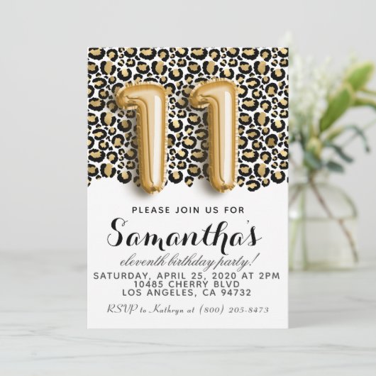 11e verjaardag van Leopard Animal Print Invitation Kaart (Staand voorkant)