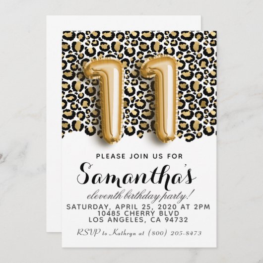 11e verjaardag van Leopard Animal Print Invitation Kaart (Voorkant / Achterkant)