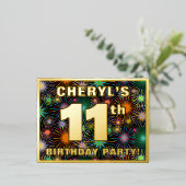 11e verjaardag: Vette, kleurrijke Fireworks-look Folie Uitnodiging Briefkaart (Staand Voorkant)