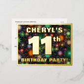 11e verjaardag: Vette, kleurrijke Fireworks-look Folie Uitnodiging Briefkaart (Voorkant / Achterkant)