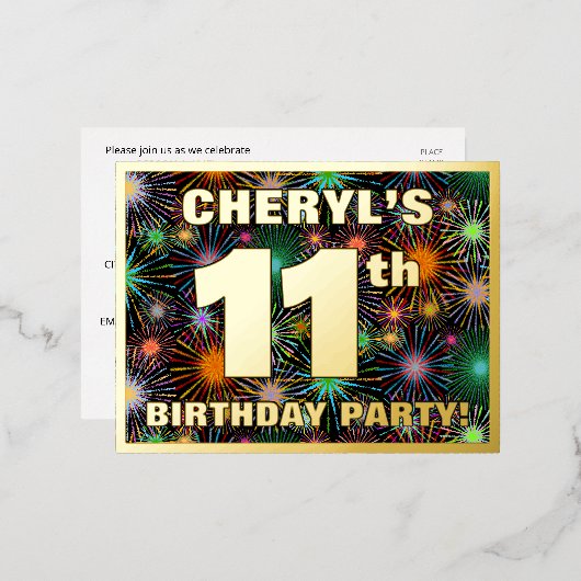 11e verjaardag: Vette, kleurrijke Fireworks-look Folie Uitnodiging Briefkaart (Voorkant / Achterkant)