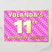 11e verjaardag — vuurroze harten en strips folie uitnodiging (Voorkant)