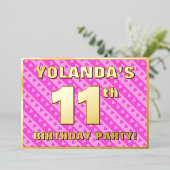 11e verjaardag — vuurroze harten en strips folie uitnodiging (Staand Voorkant)