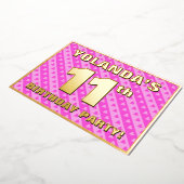 11e verjaardag — vuurroze harten en strips folie uitnodiging (Gedraaid)