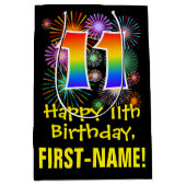 11e verjaardag: Vuurwerk Fun Pattern + Regenboog 1 Medium Cadeauzakje (Voorkant)
