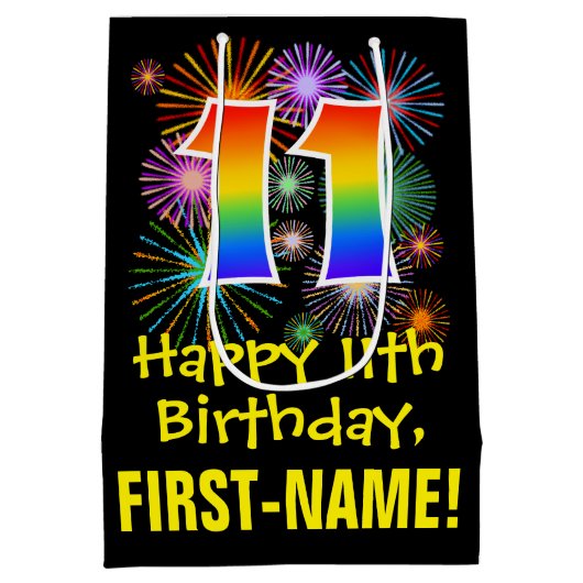 11e verjaardag: Vuurwerk Fun Pattern + Regenboog 1 Medium Cadeauzakje (Achterkant)