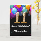 11e verjaardag zwarte en goudkleurige ballonnen kaart (Gele Bloem)