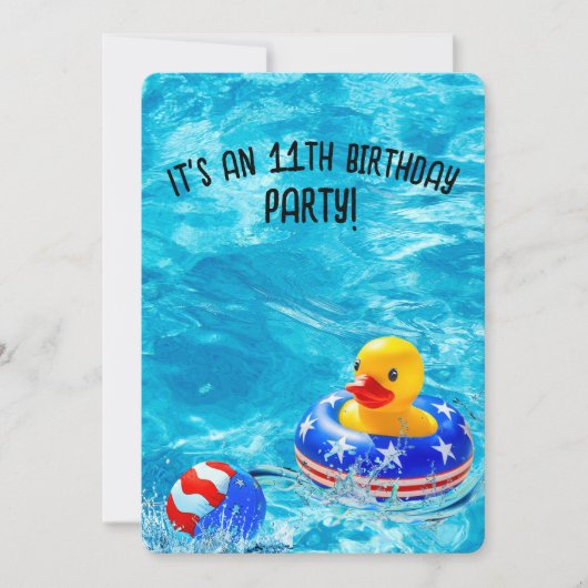 11e verjaardag zwembad feest met gele eend kaart (Voorkant)