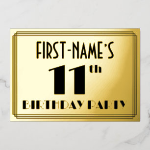 11e verjaardagsfeest — Art Deco-look “11” + naam Folie Uitnodiging