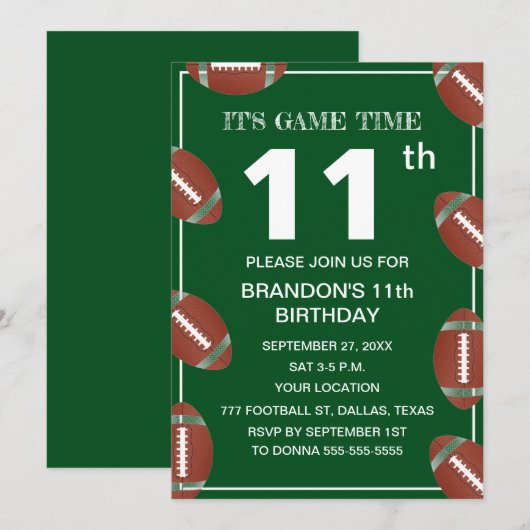 11e Verjaardagsfeest Football Groene Sport Kinder  Kaart (Voorkant / Achterkant)