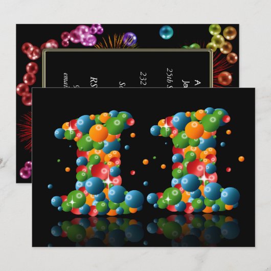 11e verjaardagsfeest, met bubbels en ballen kaart (Voorkant / Achterkant)