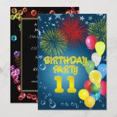 11e verjaardagsfeest Uitnodiging met ballonnen (Voorkant / Achterkant)