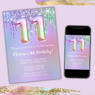11e verjaardagsfeest uitnodiging paars roze glitte