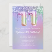 11e verjaardagsfeest uitnodiging paars roze glitte (Voorkant)